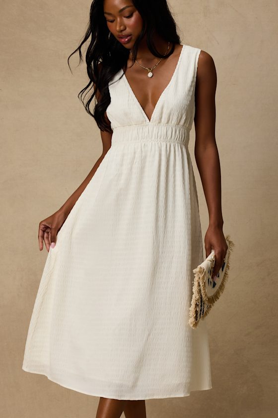 Anamaya Ivory Textured V-Neck Midi Dress 2