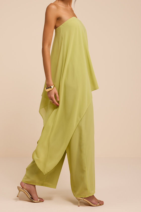 Kiko Lime Green Strapless Overlay Wide-Leg Jumpsuit - thumbnail 4