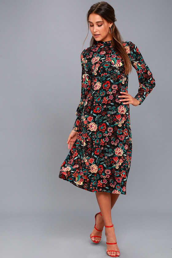 black long sleeve dress with flowers