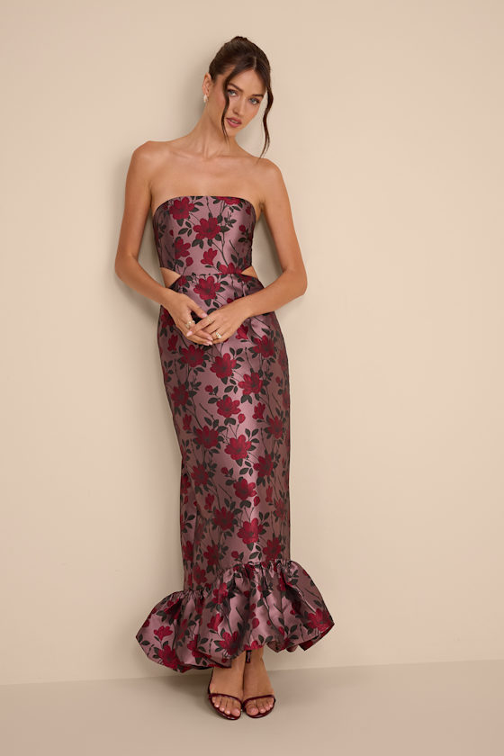 Mauve Floral Jacquard Maxi - Strapless Dress - Bubble Hem Dress