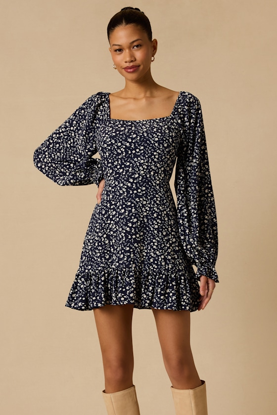 Lulus Coy Charm Navy Floral Print Long Sleeve Mini Dress