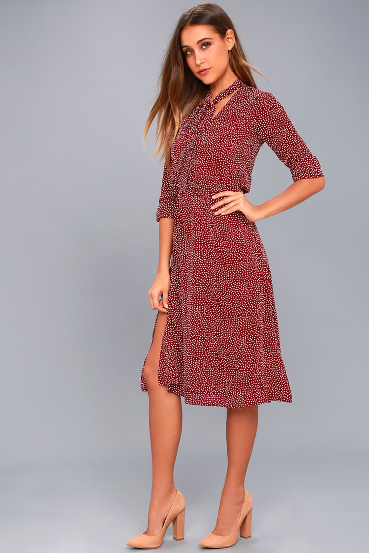 Chic Polka Dot Dress - Long Sleeve Dress - Midi Dress - Lulus