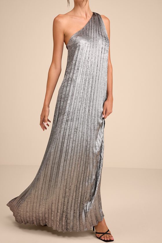 Silver Metallic Dress - One-Shoulder Shift Dress - Pleated Dress