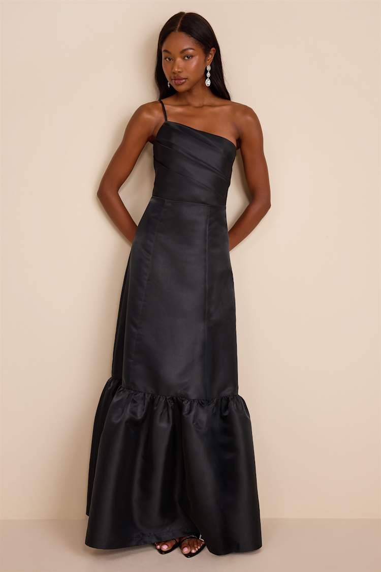 Black Taffeta Gown - One-Shoulder Maxi Dress - Tiered Hem Dress - Lulus