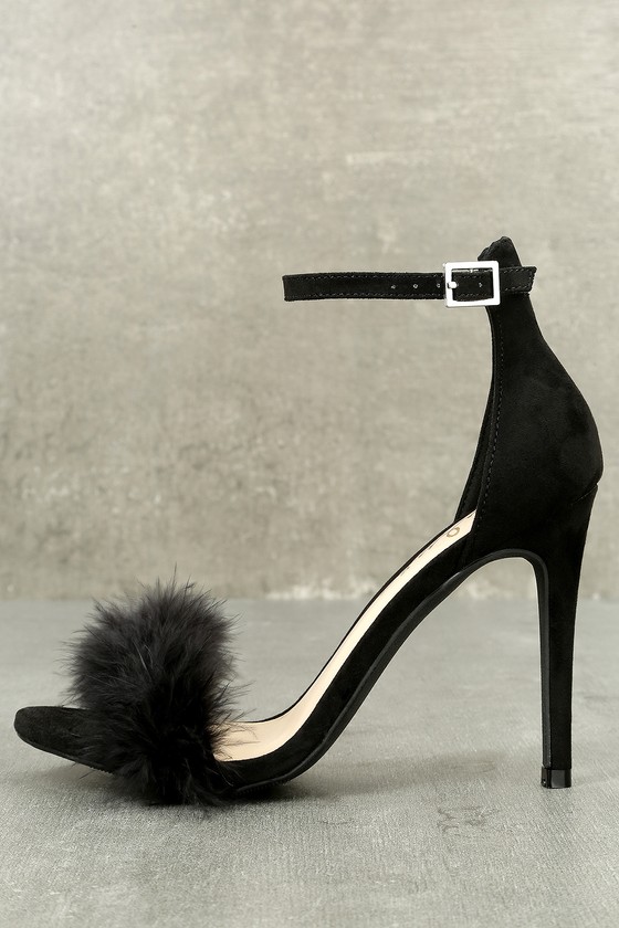 black high heels with feathers