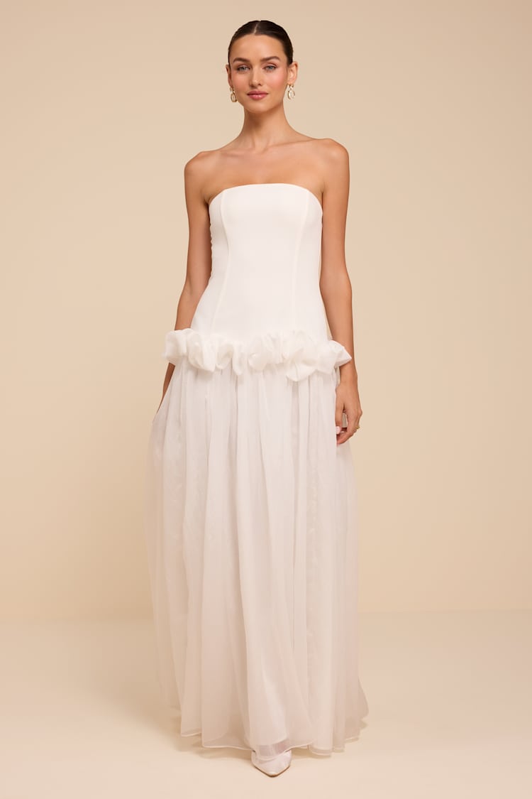 white drop waist strapless dress Ayla White Strapless Drop Waist Maxi Dress