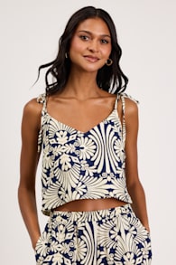 Abril Navy and Ivory Boho Print Tie-Strap Cami 1