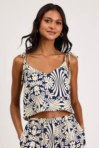 Abril Navy and Ivory Boho Print Tie-Strap Cami 1