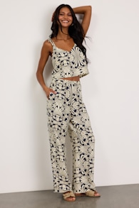 Abril Navy and Ivory Boho Print Wide-Leg Pants 1