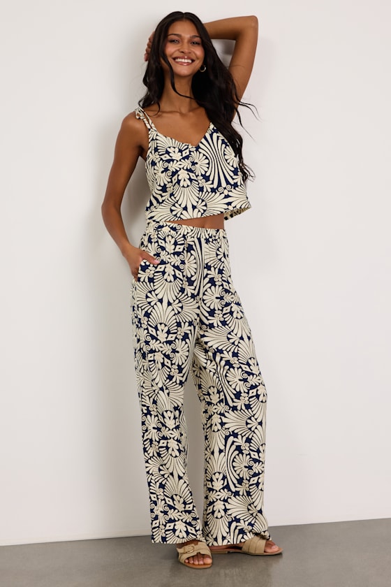 Abril Navy and Ivory Boho Print Wide-Leg Pants 1