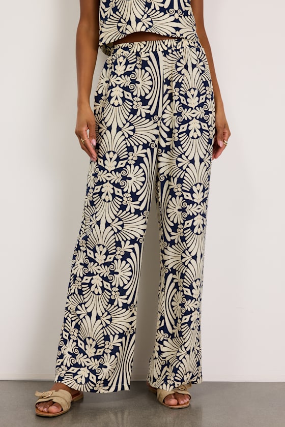 Abril Navy and Ivory Boho Print Wide-Leg Pants 2