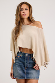 Lemma Cream Knit Asymmetrical Seashell Poncho Top 1