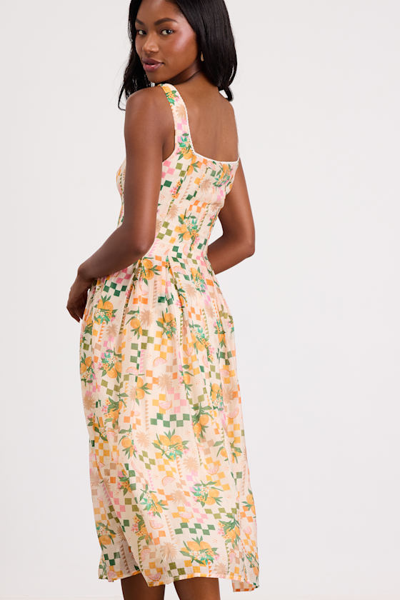 LUSH Checkerboard Dress - Orange Print Dress - Cream Sundress - Lulus