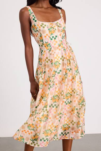 knee length dresses for ladies Off White and Navy Striped Sweetheart Midi Dress