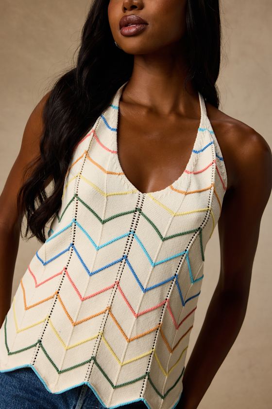 Madalya Ivory Multi Striped Halter Sweater Top 2