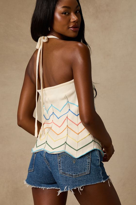 Ivory Striped Top - Halter Sweater Top - Sweater Knit Top - Tp