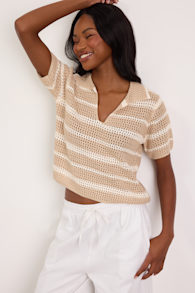 Bebe Beige Striped Crochet Collared Top 1