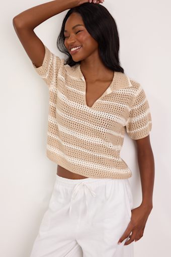 Bebe Beige Striped Crochet Collared Top 1
