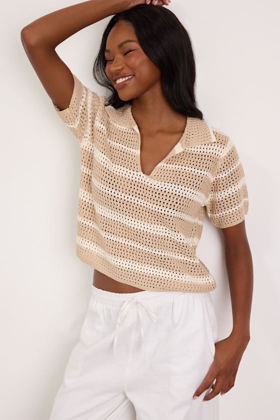 Bebe Beige Striped Crochet Collared Top 1