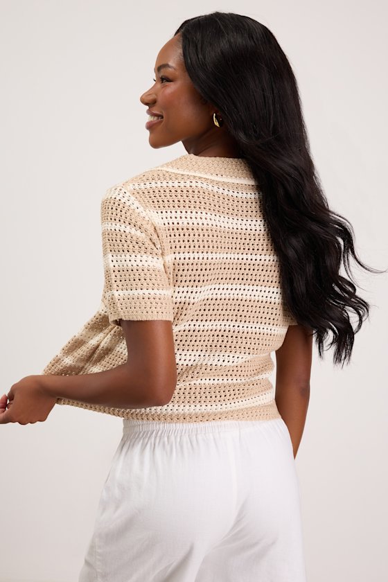 Bebe Beige Striped Crochet Collared Top 2