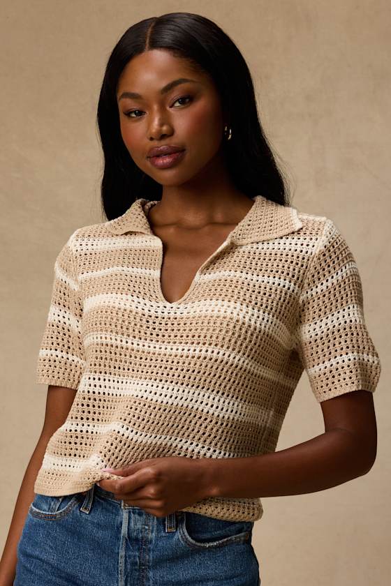 Beige Striped Top - Crochet Knit Collared Top - Collared Top - Lulus
