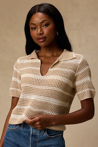 Bebe Beige Striped Crochet Collared Top 2