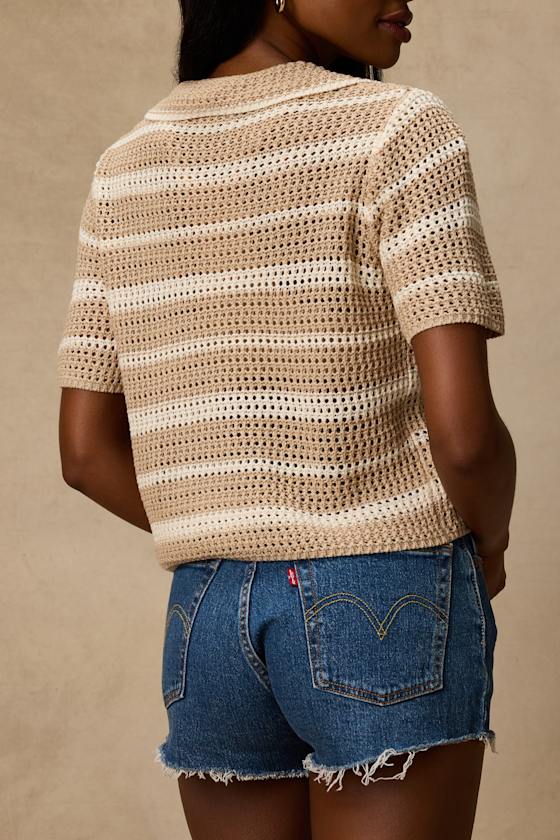 Bebe Beige Striped Crochet Collared Top 3