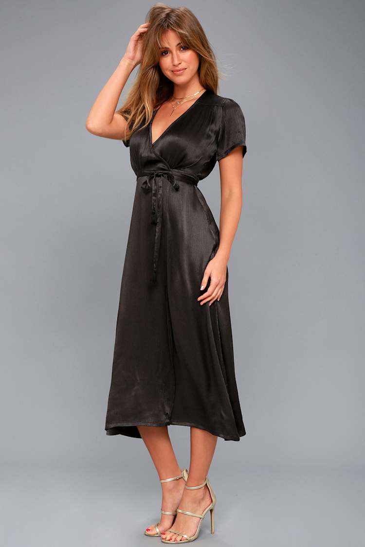 black and white evening dress with sleeves The Black Satin Wrap Dress | Jessica Anne