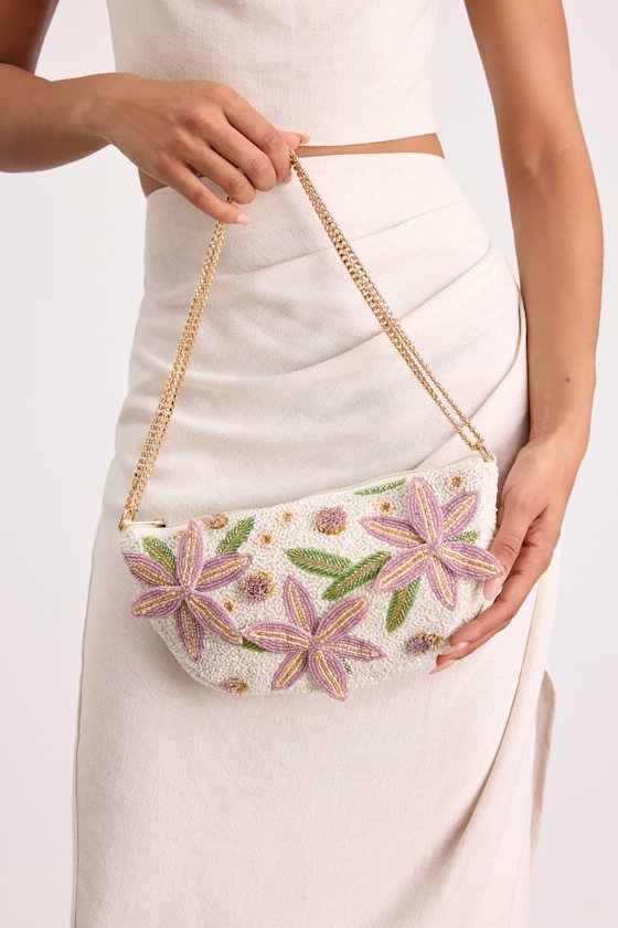 Eira White Multi Beaded Floral Shoulder Bag 1