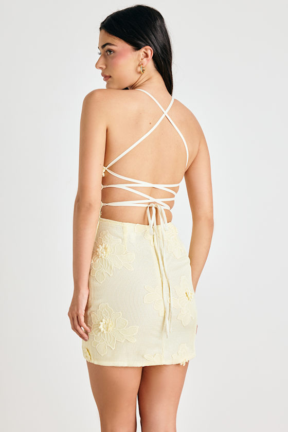 Dominia Pale Yellow Embroidered Lace-Up Mini Dress 2