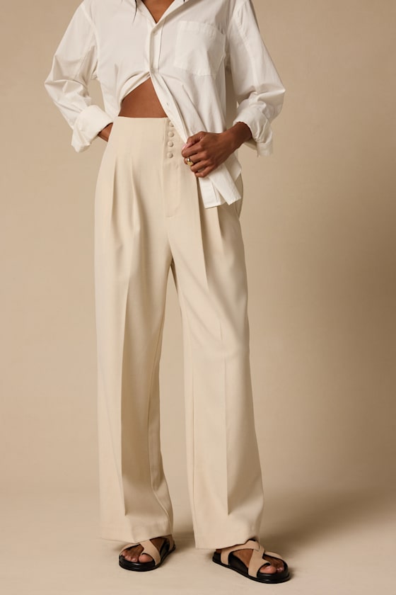 Rina Light Beige Pleated High-Rise Trousers 1