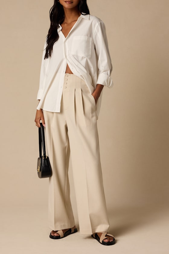 Rina Light Beige Pleated High-Rise Trousers 2