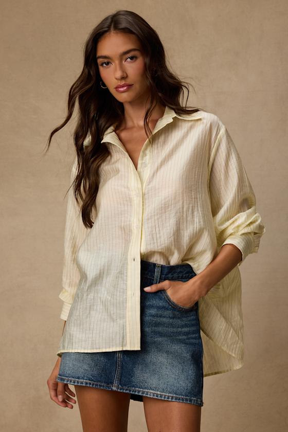 Petra Light Yellow Pinstriped Button-Up Top 1