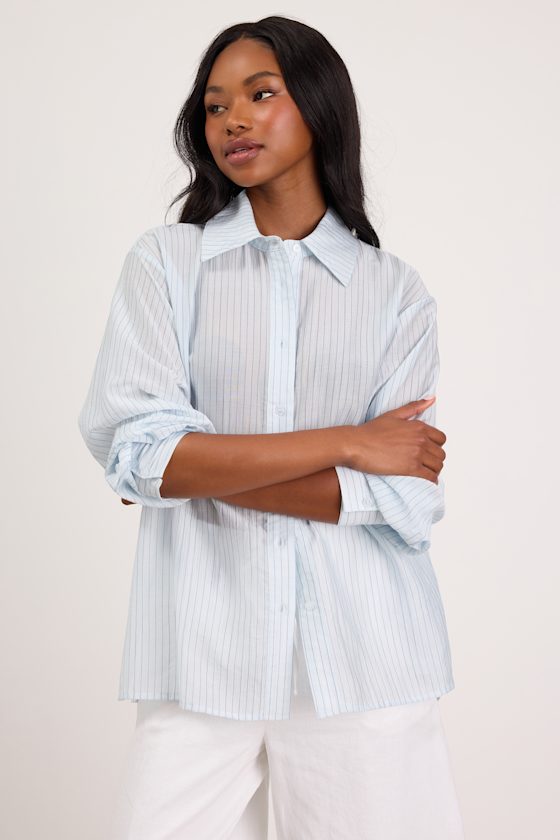 Petra Light Blue Pinstriped Button-Up Top 1