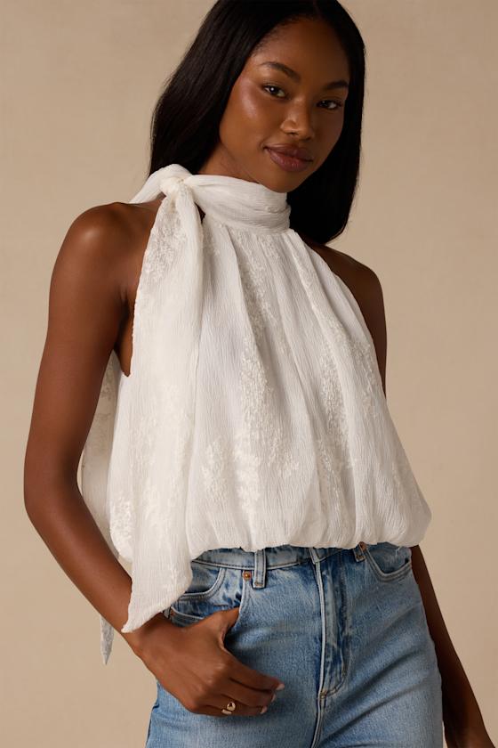 Charlie Ivory Textured Mock Neck Sash Top 1