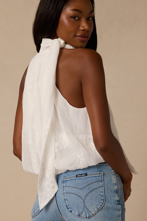 Charlie Ivory Textured Mock Neck Sash Top 2
