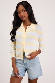 Nelly Yellow Striped Button-Up Knit Top 1