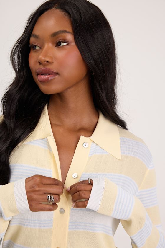Nelly Yellow Striped Button-Up Knit Top 5