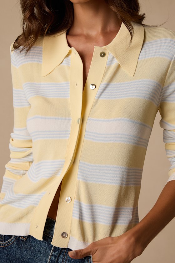 Nelly Yellow Striped Button-Up Knit Top - thumbnail 5
