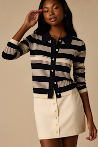 Nelly Navy Striped Button-Up Knit Top 1