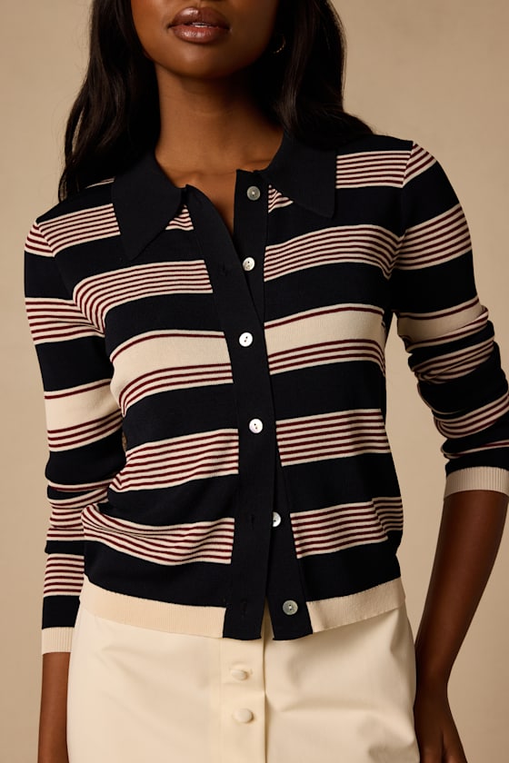 Nelly Navy Striped Button-Up Knit Top 2
