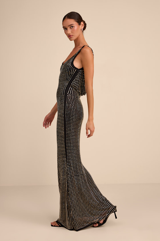 Tashi Black Mesh Cowl Back Rhinestone Maxi Dress - thumbnail 5