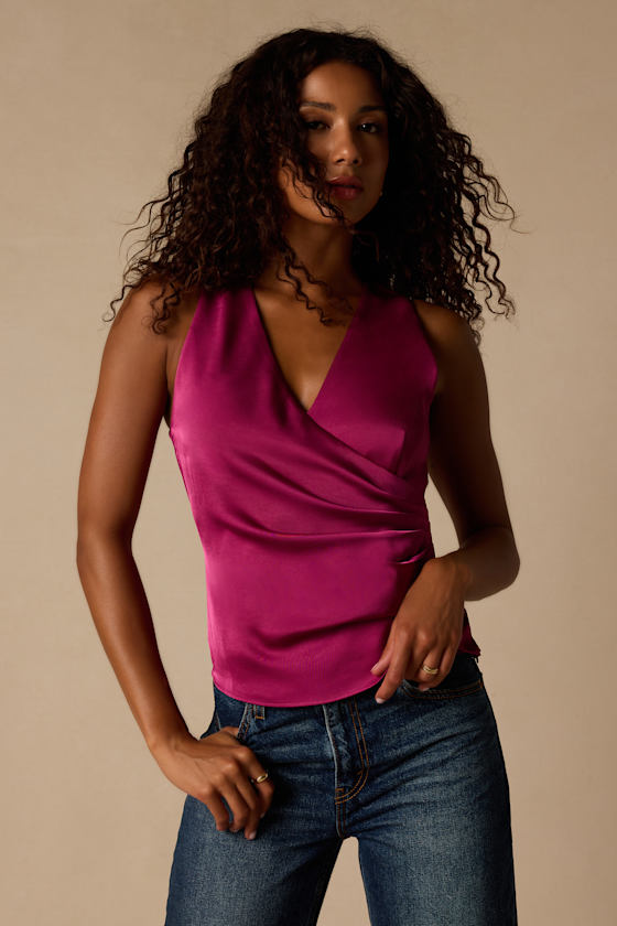 Berry Pink Satin Top - Surplice Top - Ruched Top - Berry Pink Top - Lulus
