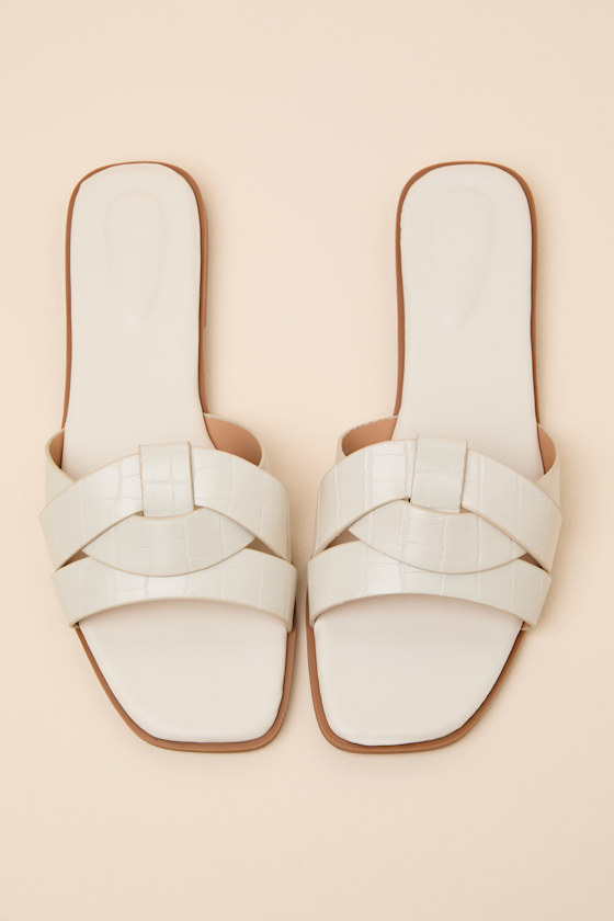 Ivory Sandals - Croc-Embossed Sandals - Ivory Slide Sandals - Lulus