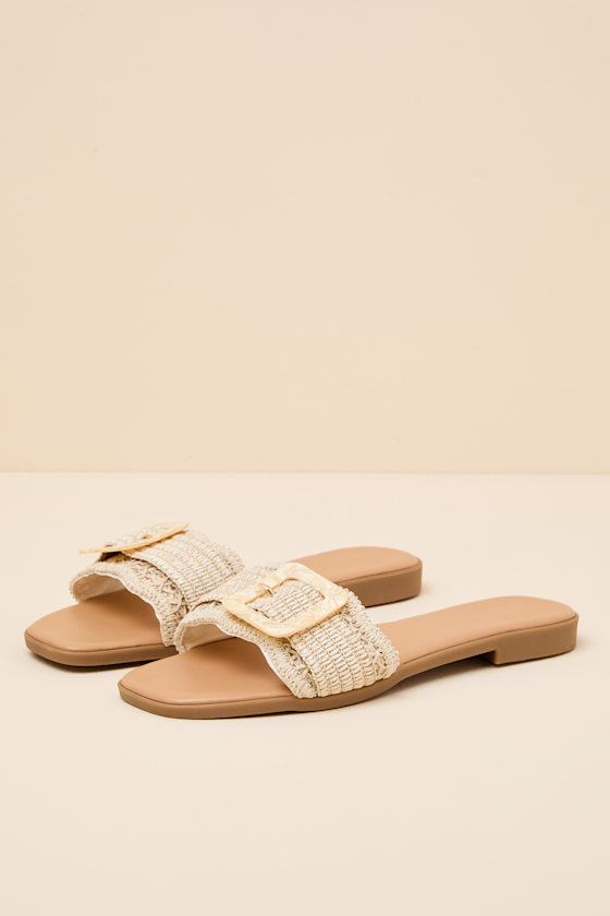 Henia Ivory Raffia Buckle Slide Sandals - thumbnail 6