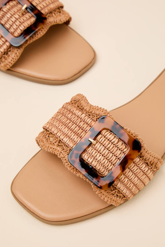 Henia Tan Raffia Buckle Slide Sandals 7