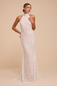 Zinnia White and Beige Lace Mock Neck Wedding Dress 1