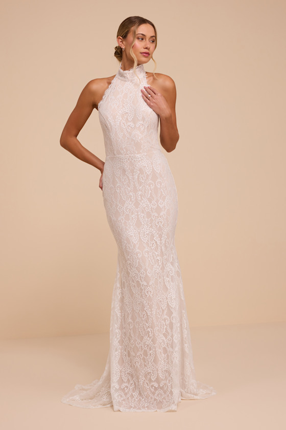 Zinnia White and Beige Lace Mock Neck Wedding Dress 1