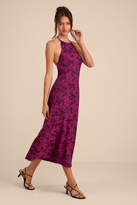 Image of Caida Plum Floral Satin Halter Midi Dress