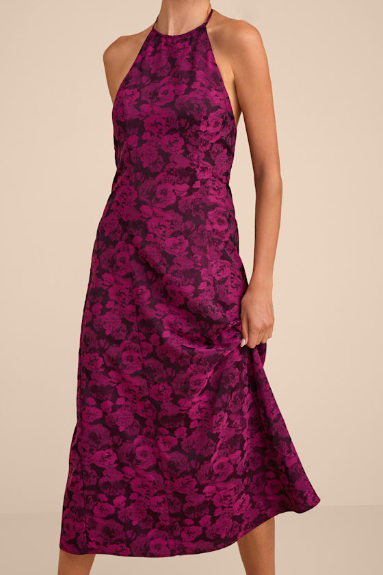 Caida Plum Floral Satin Halter Midi Dress 2